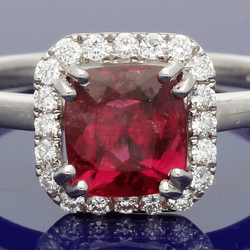 18ct White Gold Tourmaline Rubellite & Diamond Halo Ring