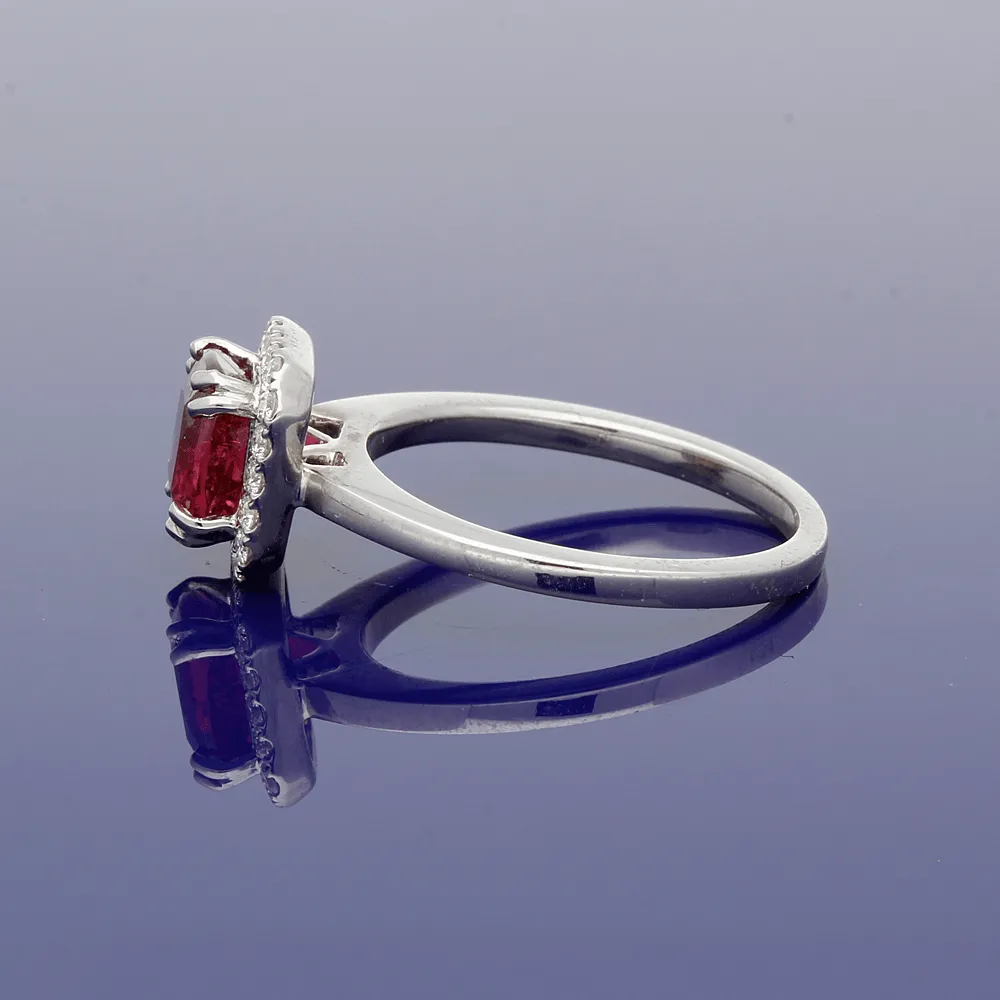 18ct White Gold Tourmaline Rubellite & Diamond Halo Ring