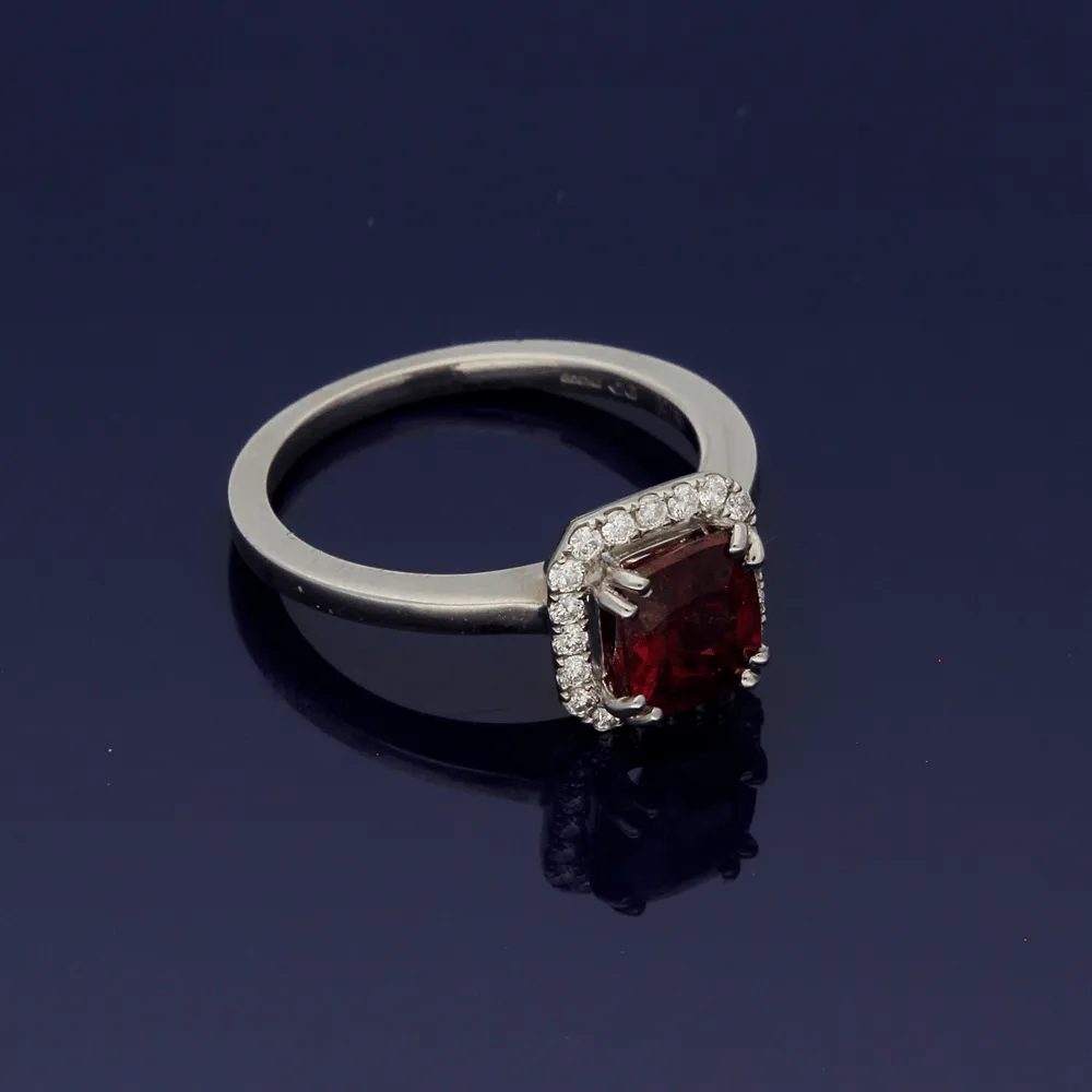 18ct White Gold Tourmaline Rubellite & Diamond Halo Ring