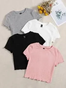 4PCS LETTUCE TRIM RIB KNIT TEE