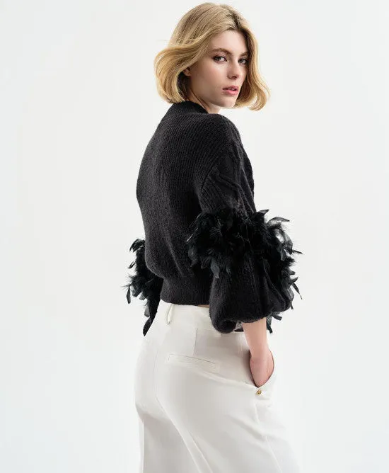 Access Fashion Knitted blouse with puffed sleeves and feathers