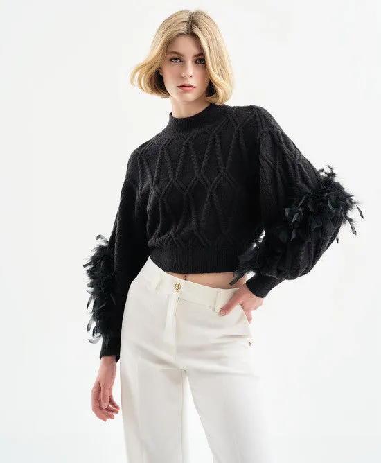 Access Fashion Knitted blouse with puffed sleeves and feathers