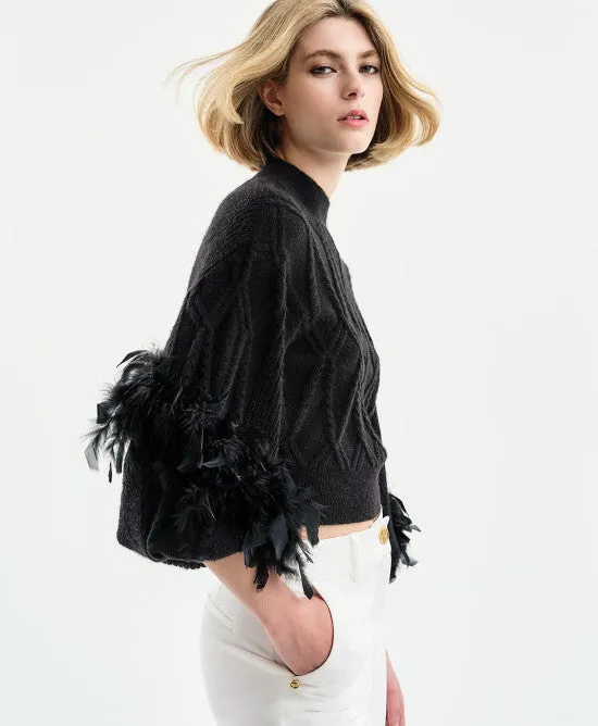 Access Fashion Knitted blouse with puffed sleeves and feathers