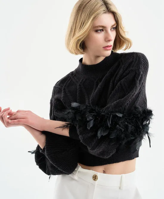 Access Fashion Knitted blouse with puffed sleeves and feathers