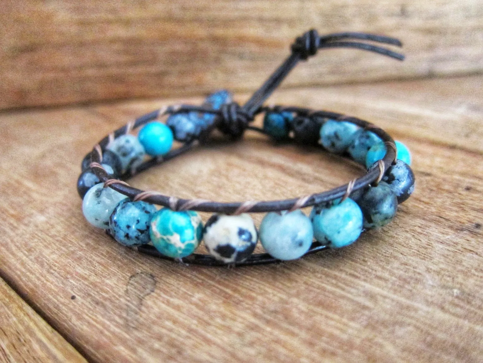 Aqua Teal Blue Jasper Mix Leather Single Wrap Bracelet