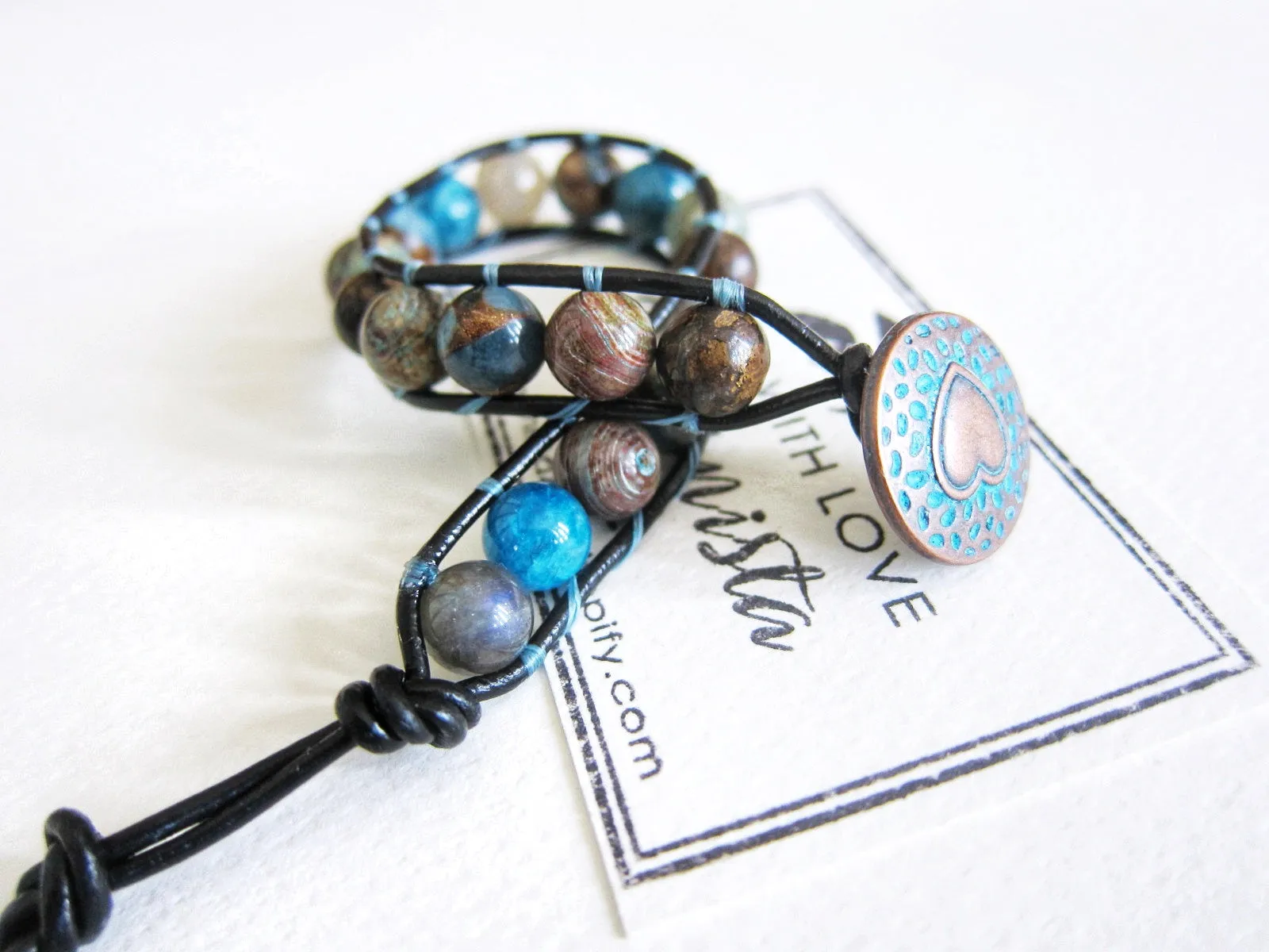 Aqua Teal Blue Jasper Mix Leather Single Wrap Bracelet