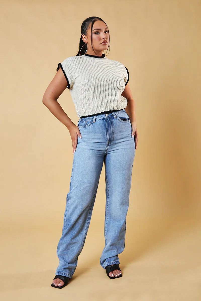 Beige Knitted Contrast Edge Cropped Top - Bethany