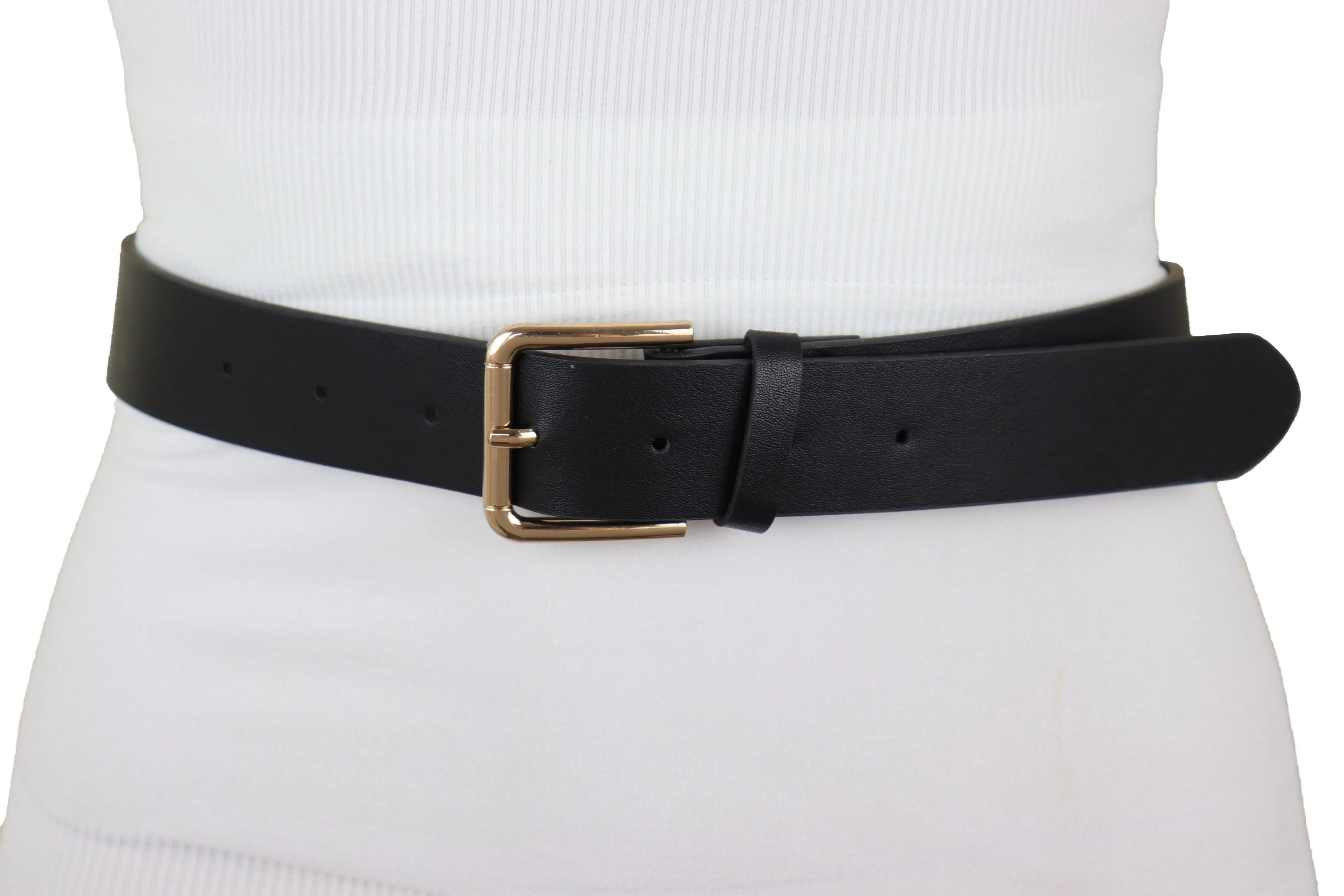 Black Faux Leather Fashion Belt Gold Metal Infinity Side Charm Buckle S M