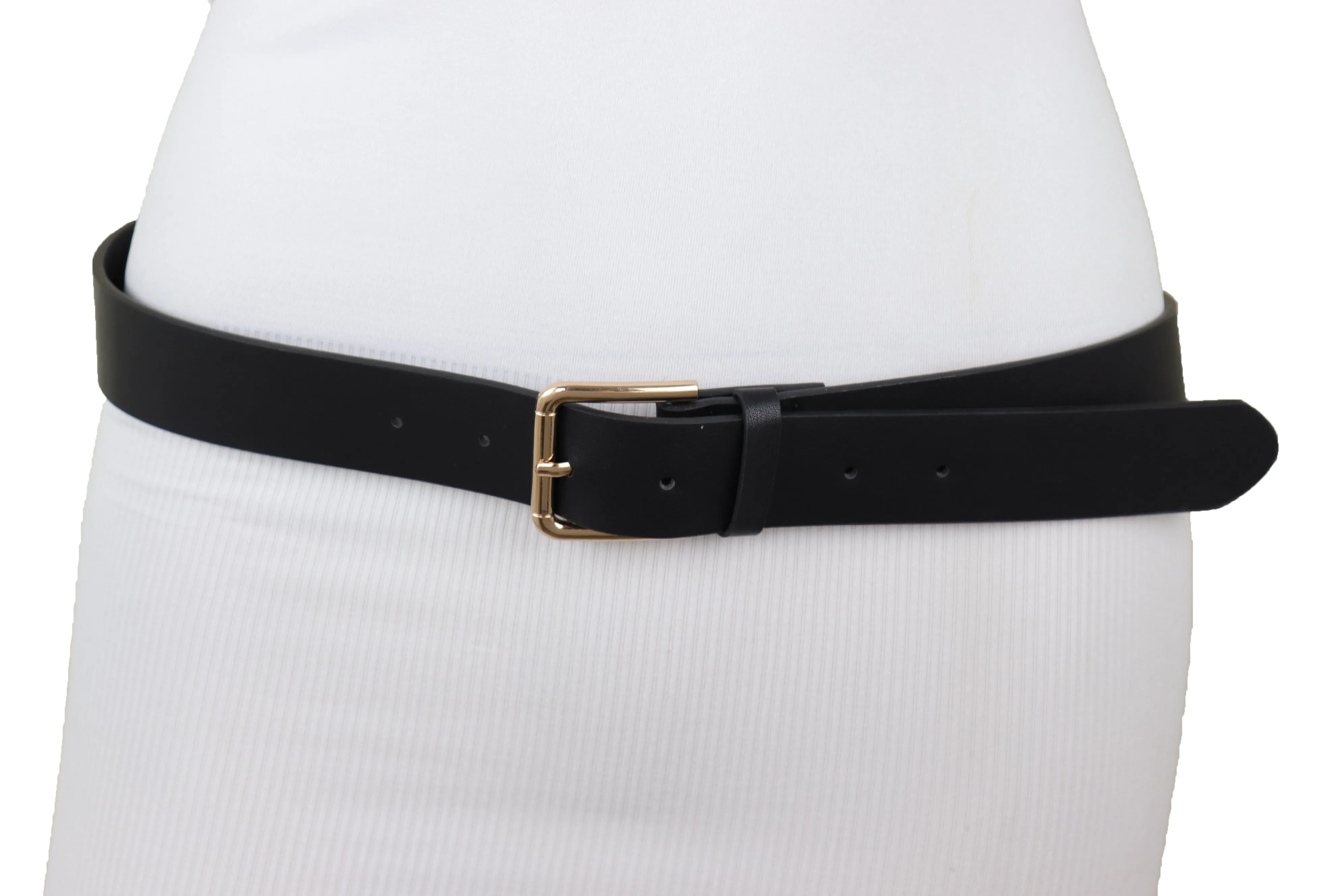 Black Faux Leather Fashion Belt Gold Metal Infinity Side Charm Buckle S M