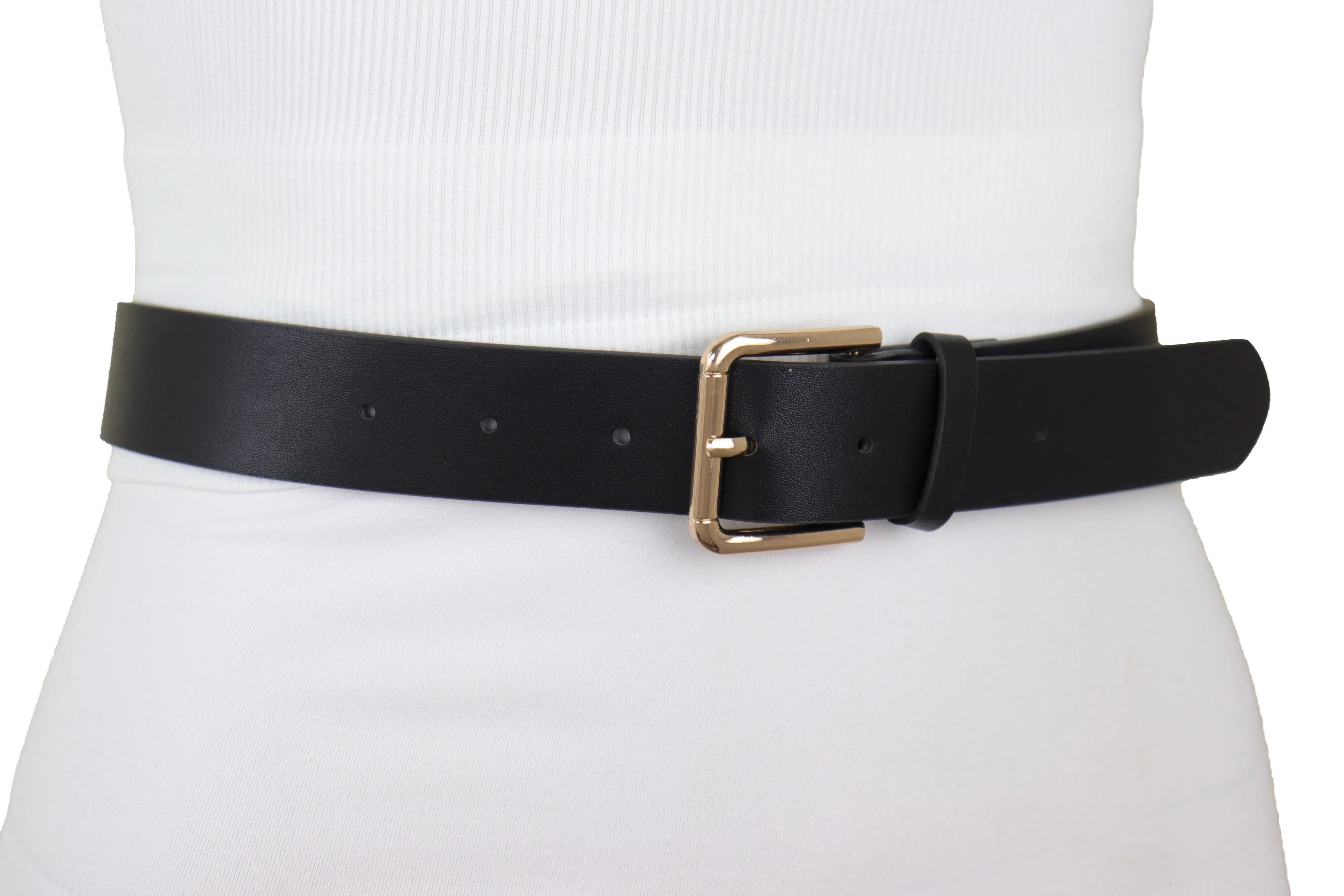 Black Faux Leather Fashion Belt Gold Metal Infinity Side Charm Buckle S M