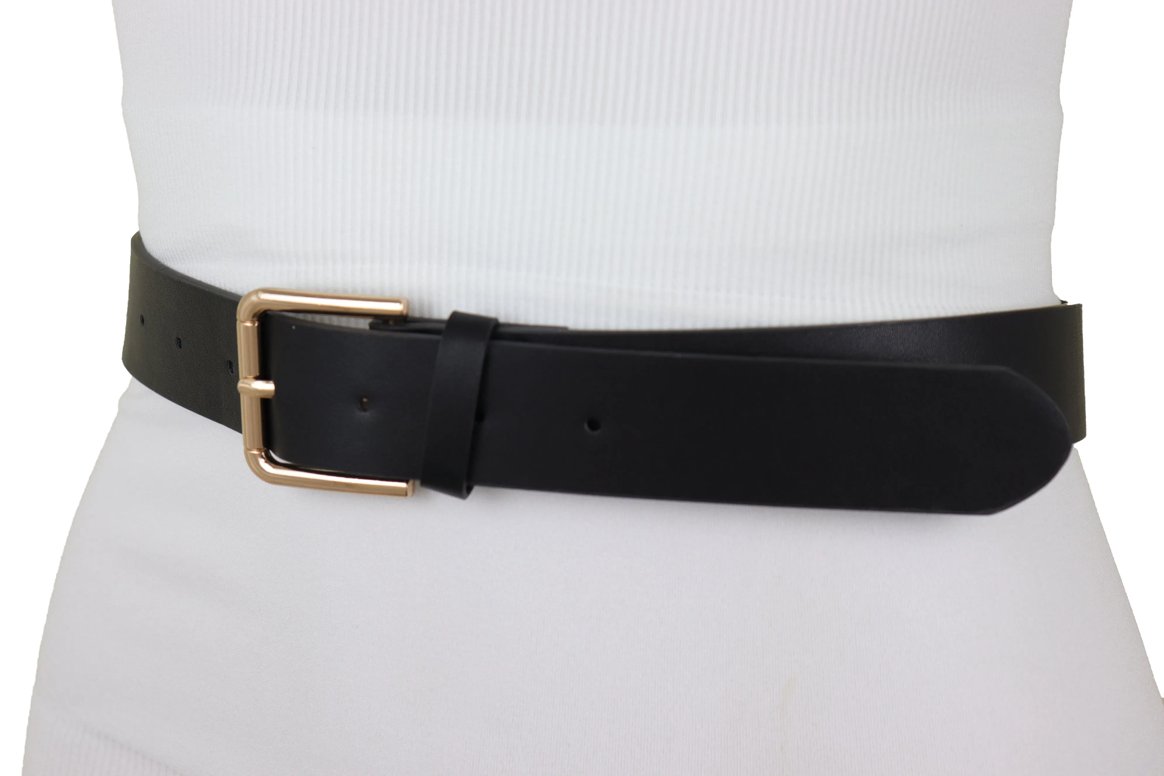 Black Faux Leather Fashion Belt Gold Metal Infinity Side Charm Buckle S M