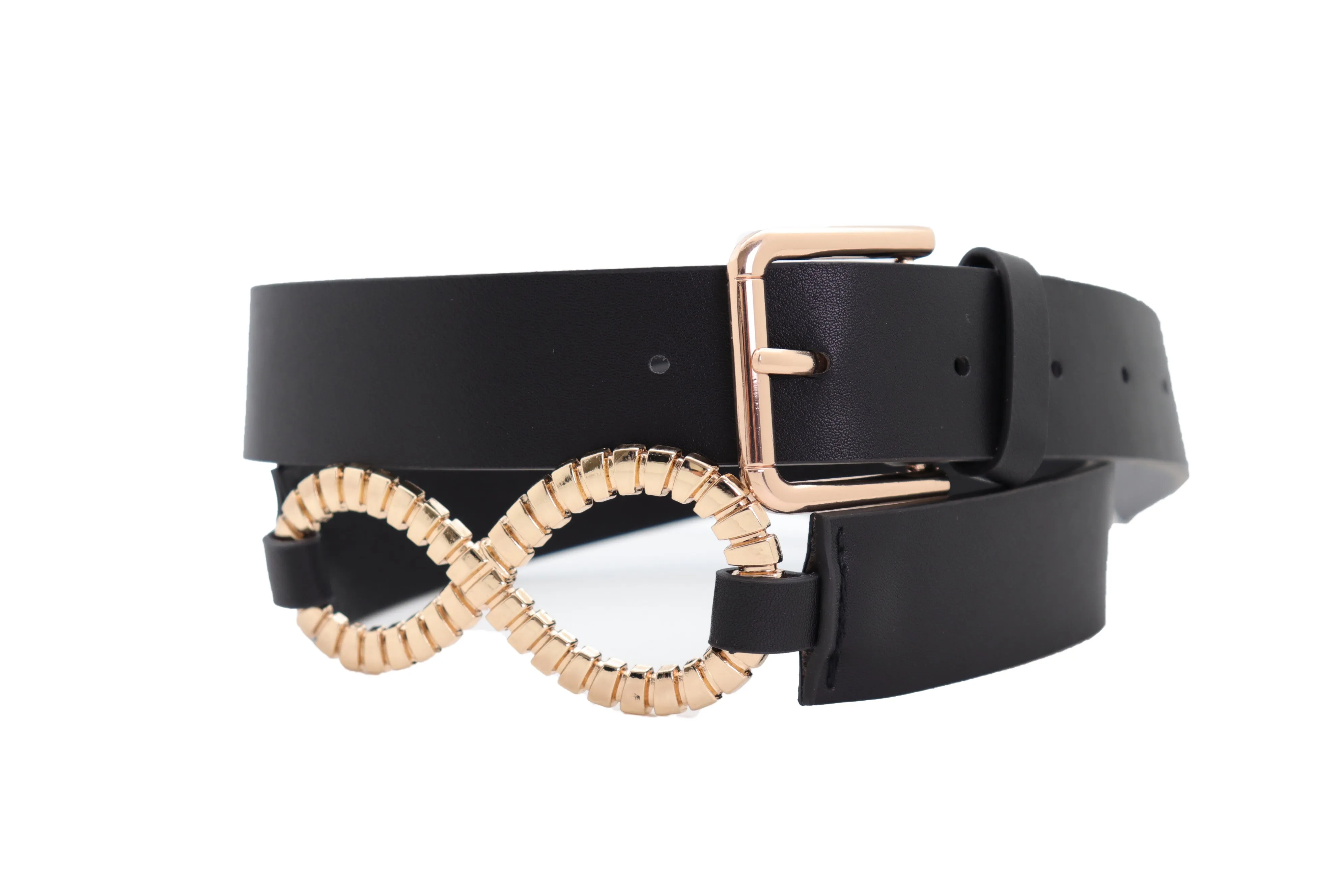 Black Faux Leather Fashion Belt Gold Metal Infinity Side Charm Buckle S M