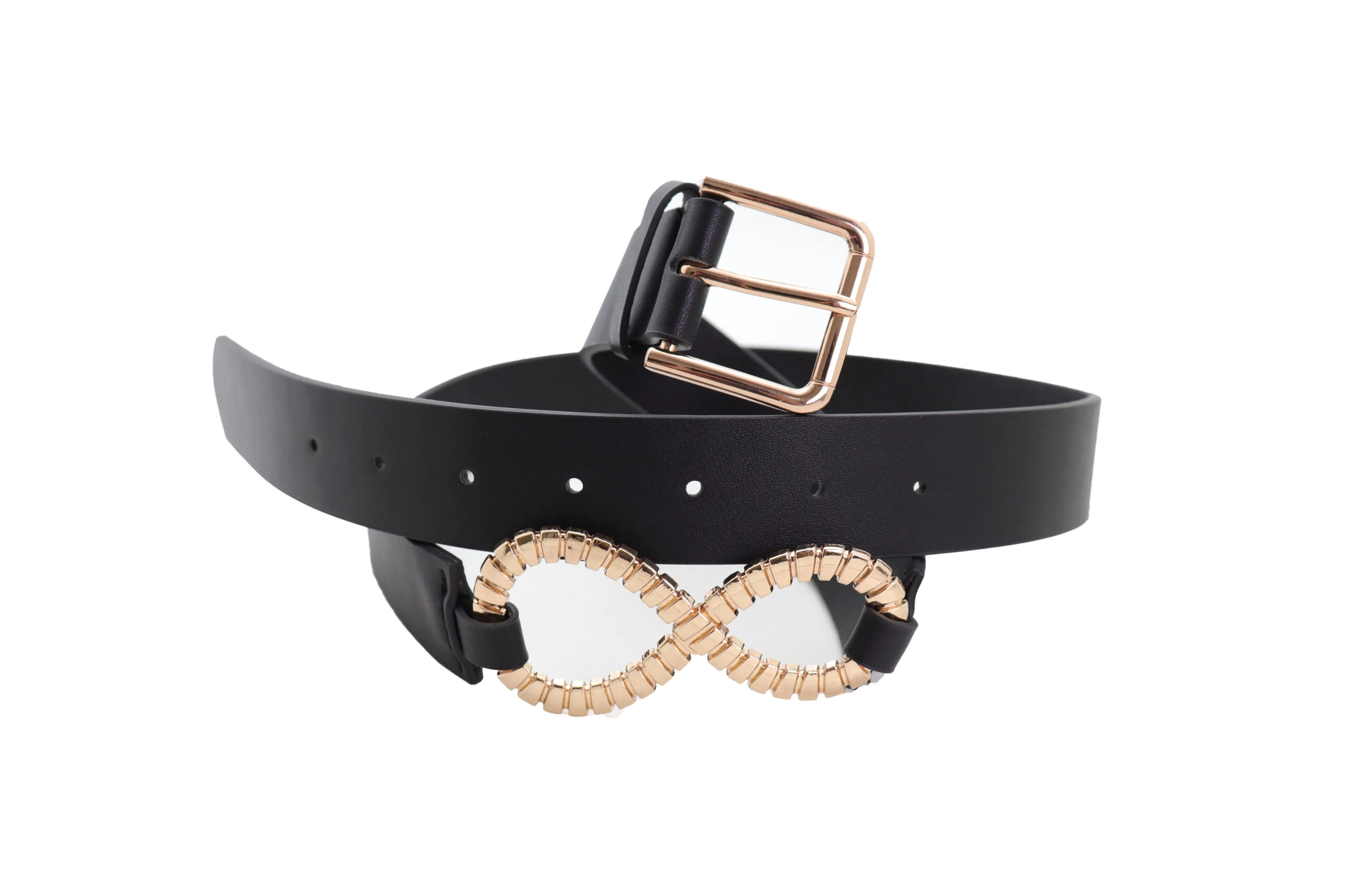 Black Faux Leather Fashion Belt Gold Metal Infinity Side Charm Buckle S M