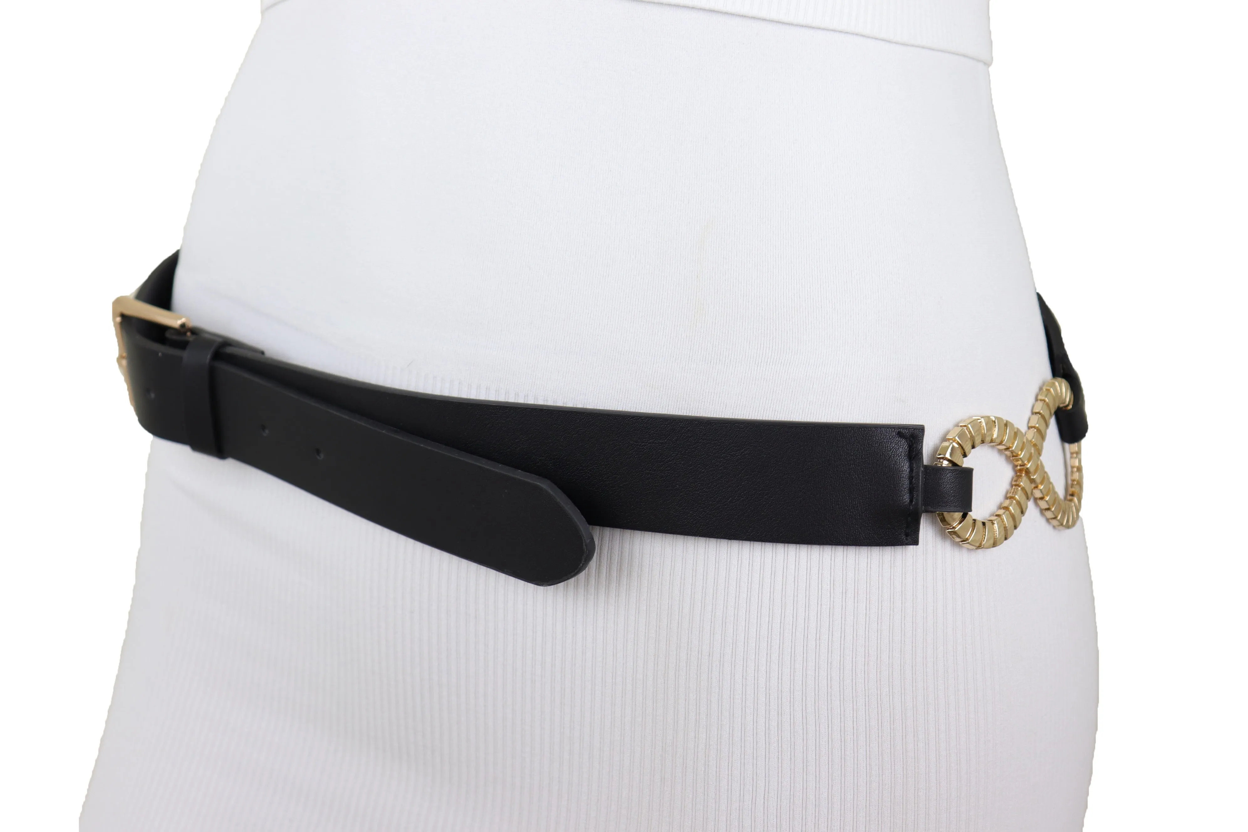 Black Faux Leather Fashion Belt Gold Metal Infinity Side Charm Buckle S M