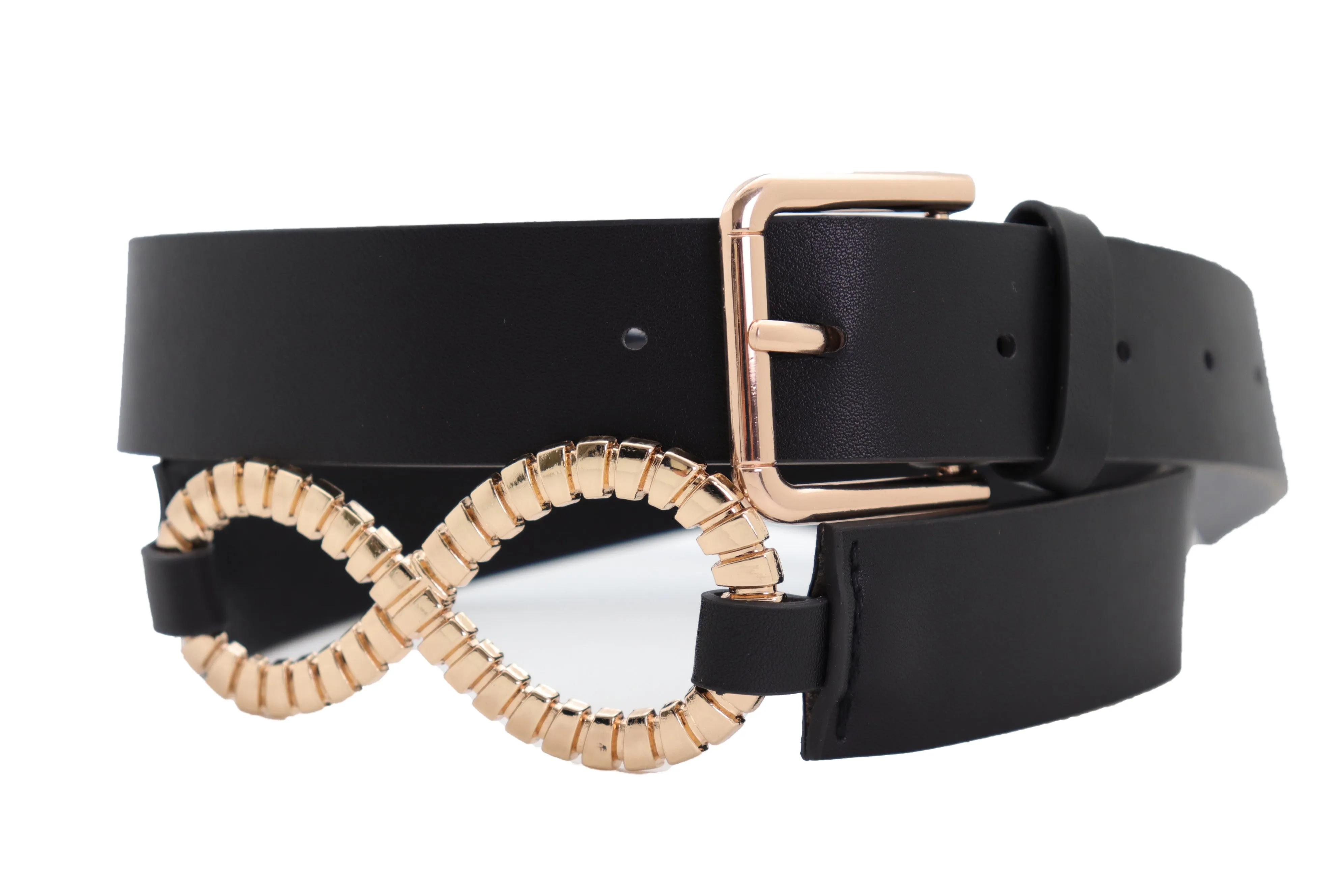 Black Faux Leather Fashion Belt Gold Metal Infinity Side Charm Buckle S M