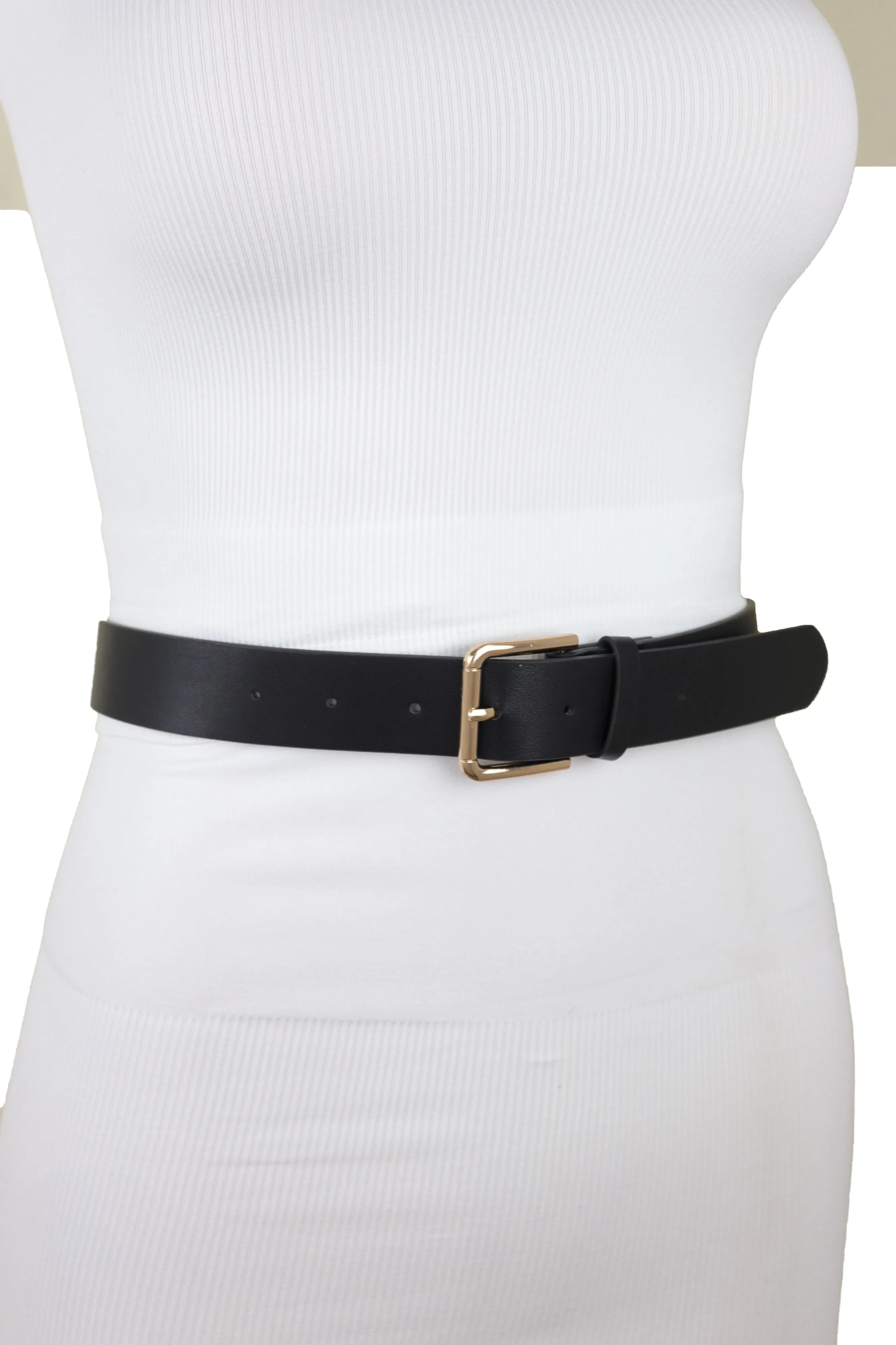 Black Faux Leather Fashion Belt Gold Metal Infinity Side Charm Buckle S M