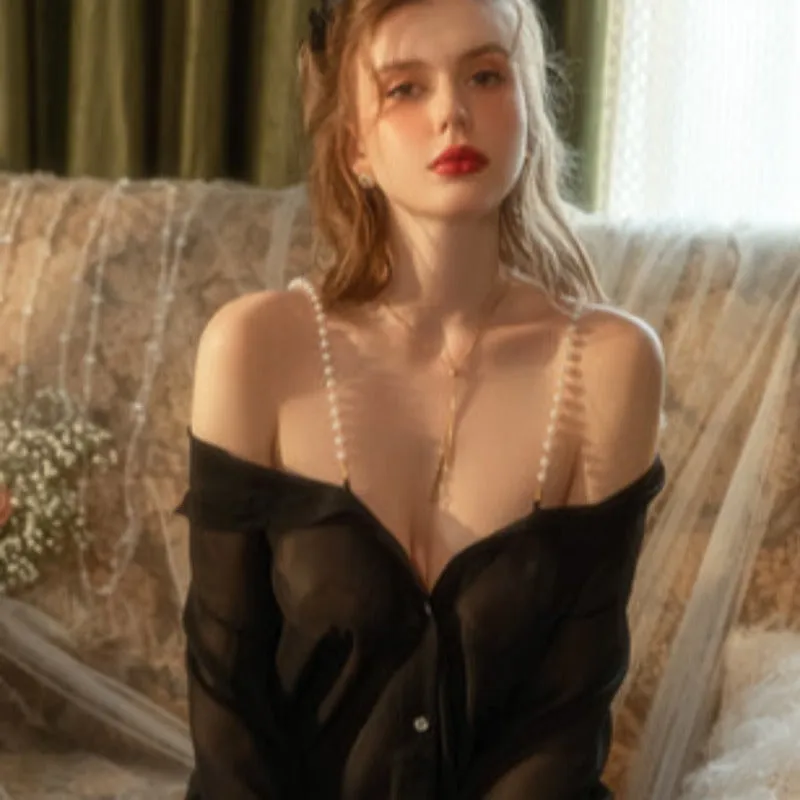 Black Oversized Off-shoulder See through Sleepwear