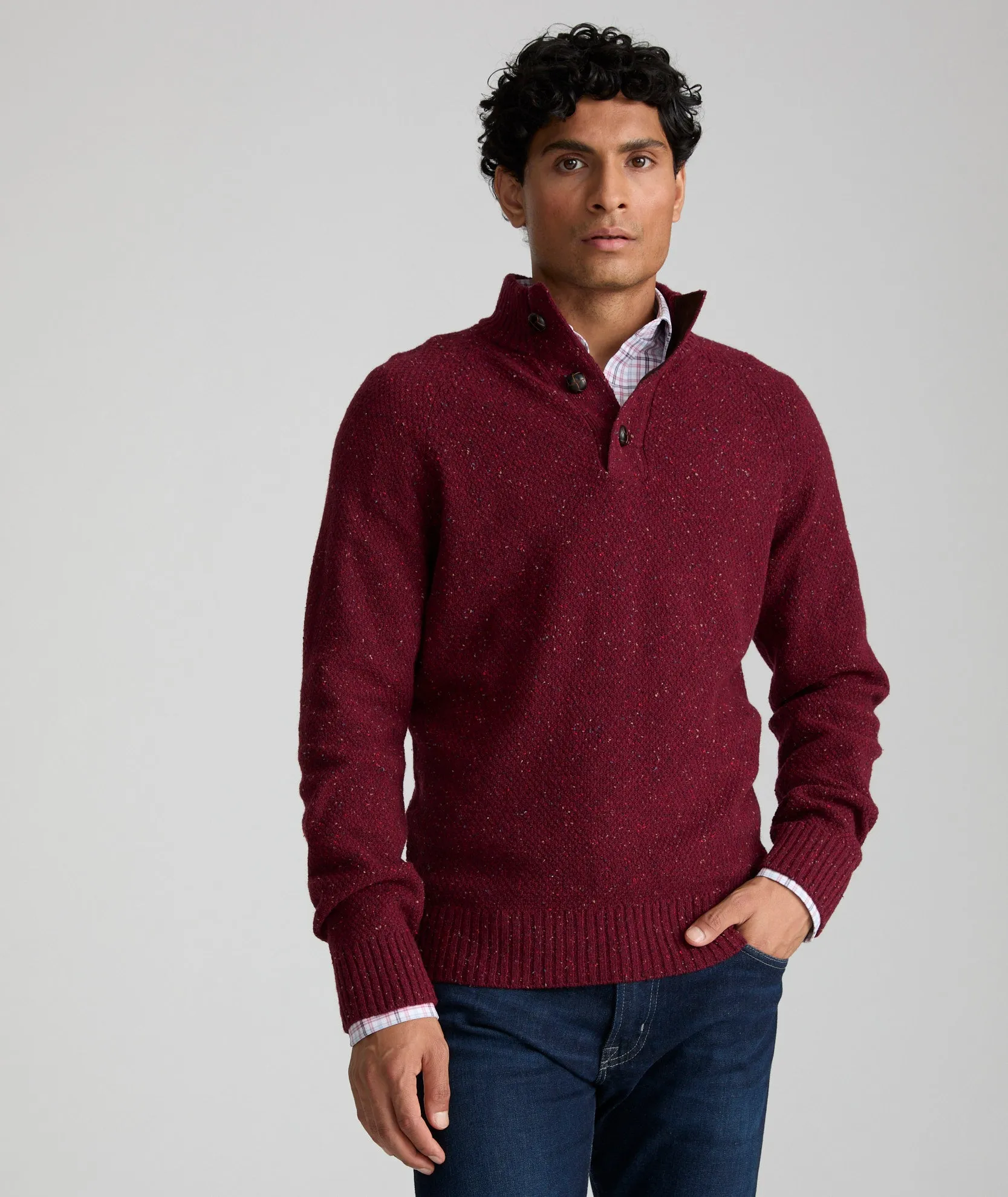 Button-Neck Donegal Sweater