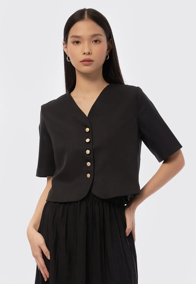 Buttoned V-Neck Short Sleeve Blouse