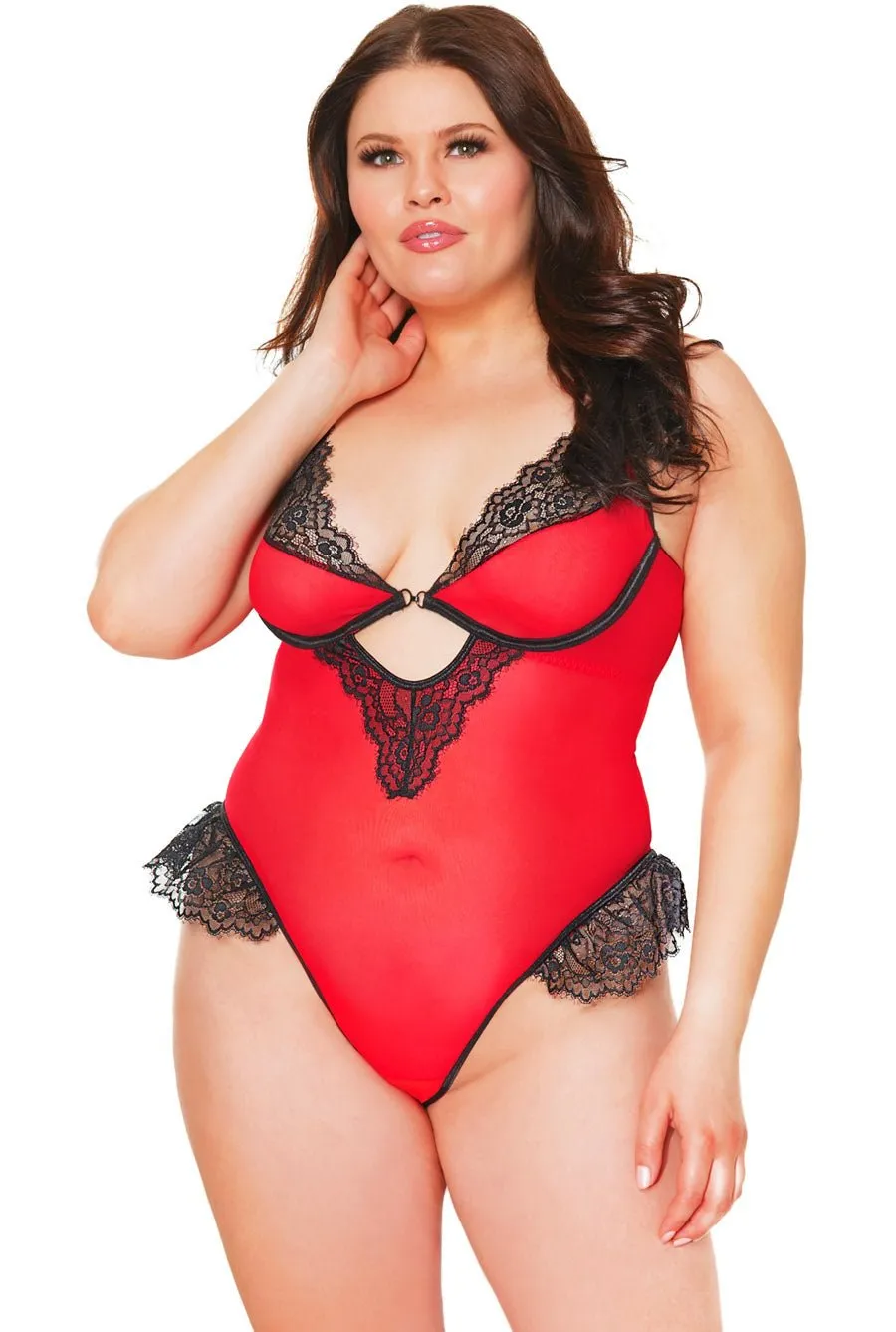 Crotchless Sheer Red & Black Lace Teddy Lingerie