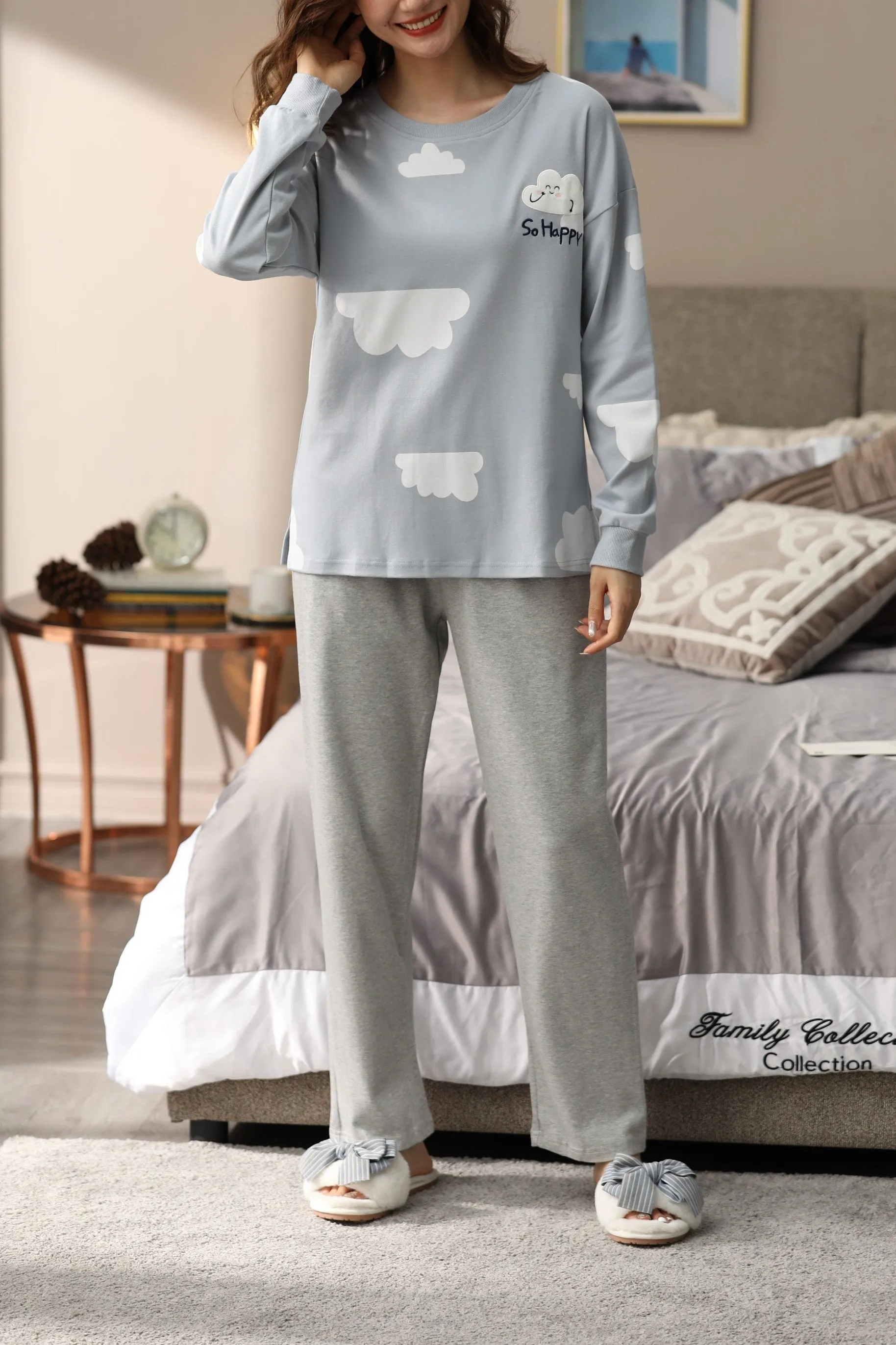 Cute Cloud Print Long Sleeve Couple Pajamas #75018