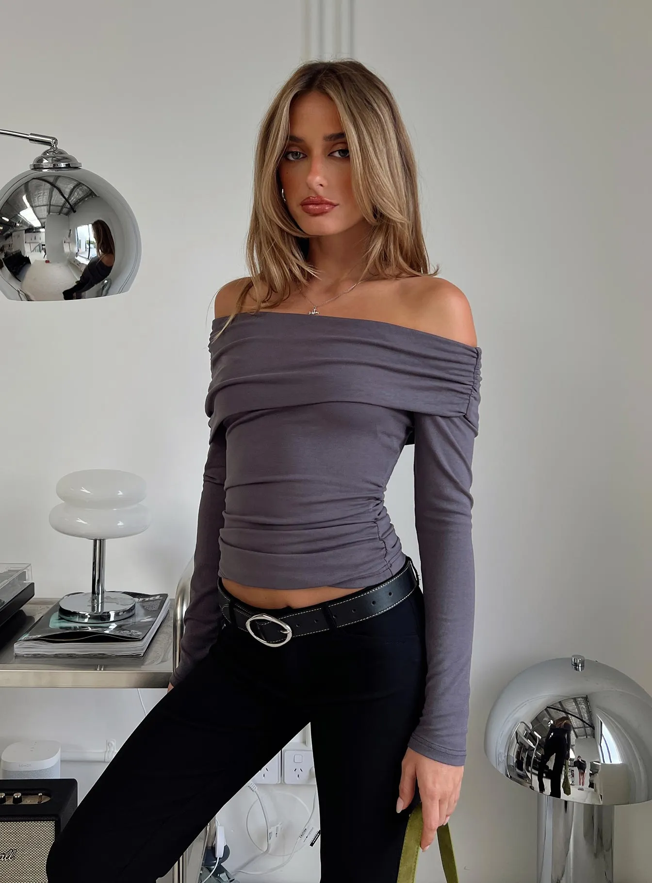 Erving Long Sleeve Off Shoulder Top Slate