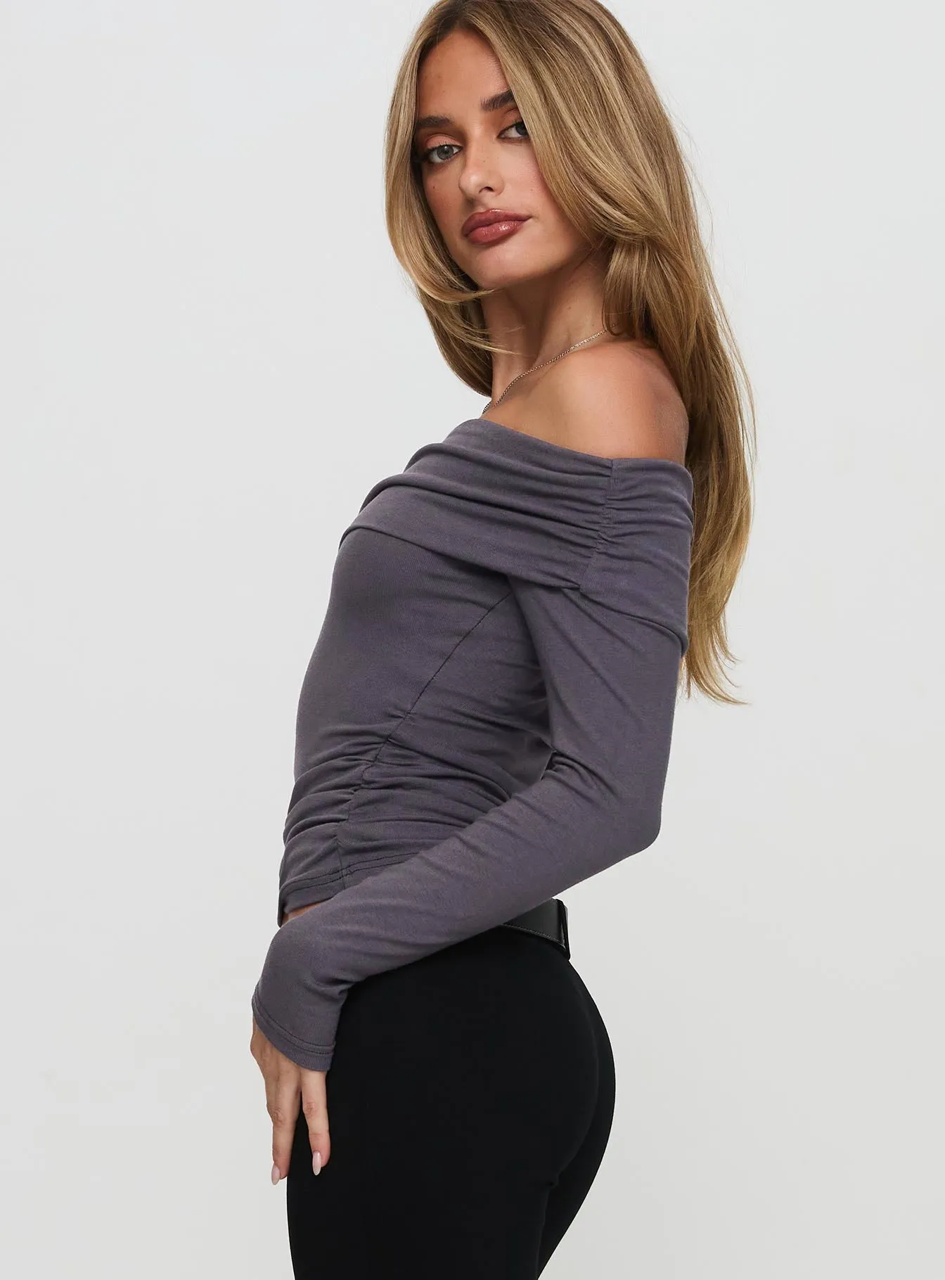 Erving Long Sleeve Off Shoulder Top Slate