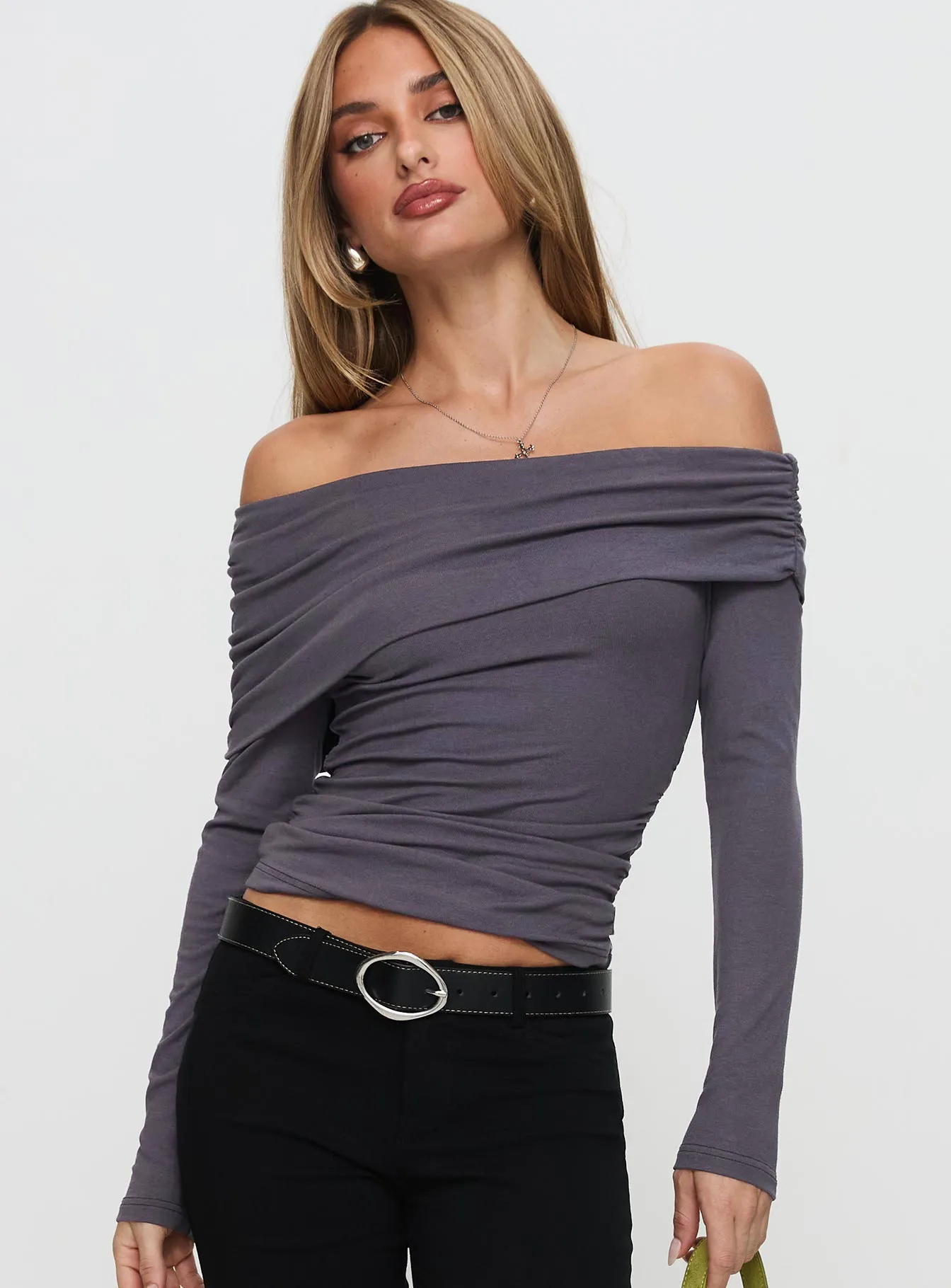 Erving Long Sleeve Off Shoulder Top Slate