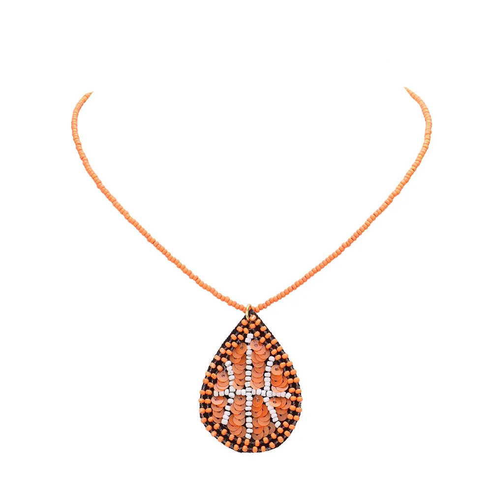 Felt Back Sequin Beaded Basketball Teardrop Pendant Necklace