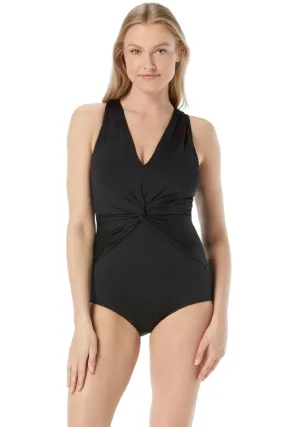 Gabar Drape Twist V-Neck Swimsuit, Black, G6C256