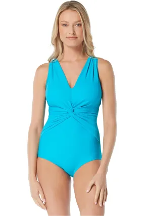 Gabar Drape Twist V-Neck Swimsuit, Cyan G6C256