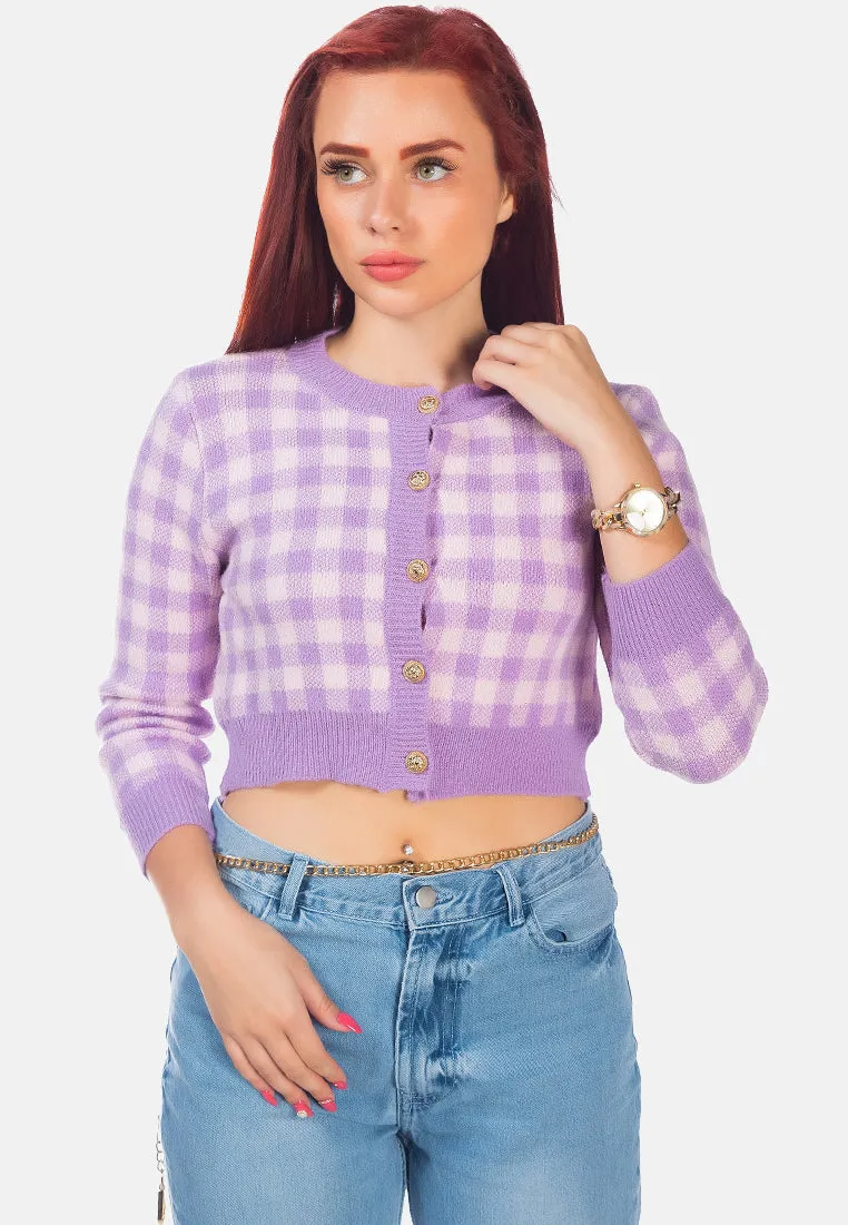 Gingham Checks Full Sleeve Cropped Cardigan