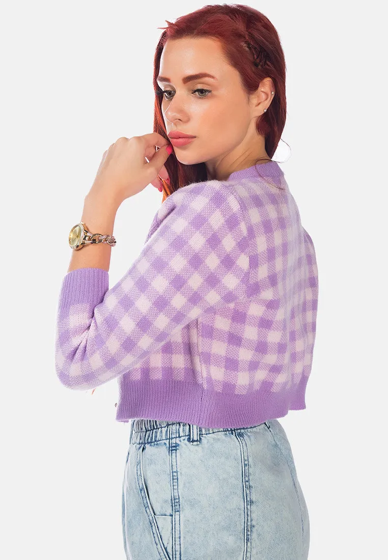 Gingham Checks Full Sleeve Cropped Cardigan