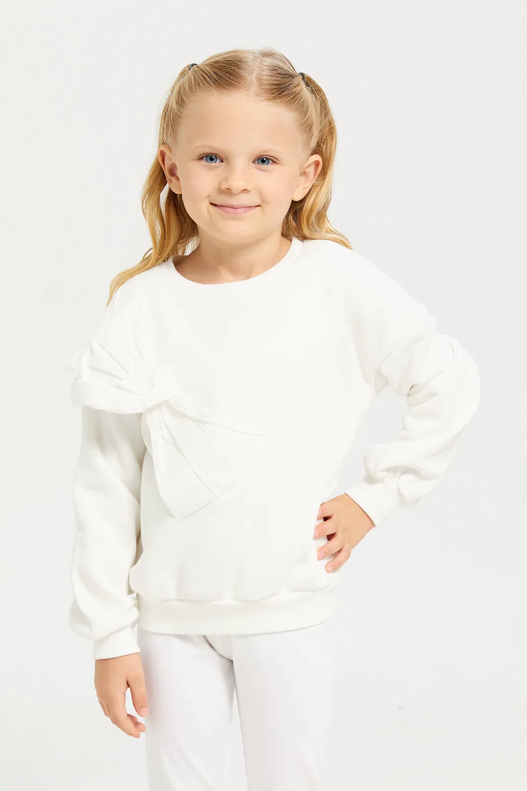 Girl White Placement Bow Sweatshirt