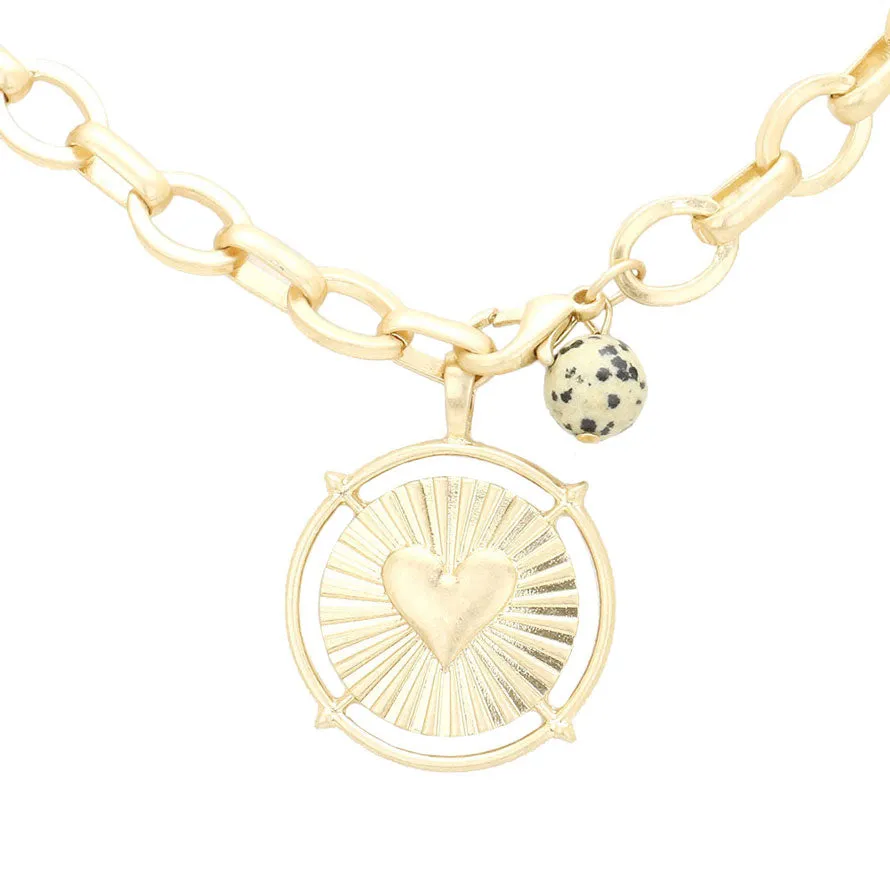 Heart Accented Metal Round Natural Stone Pendant Necklace