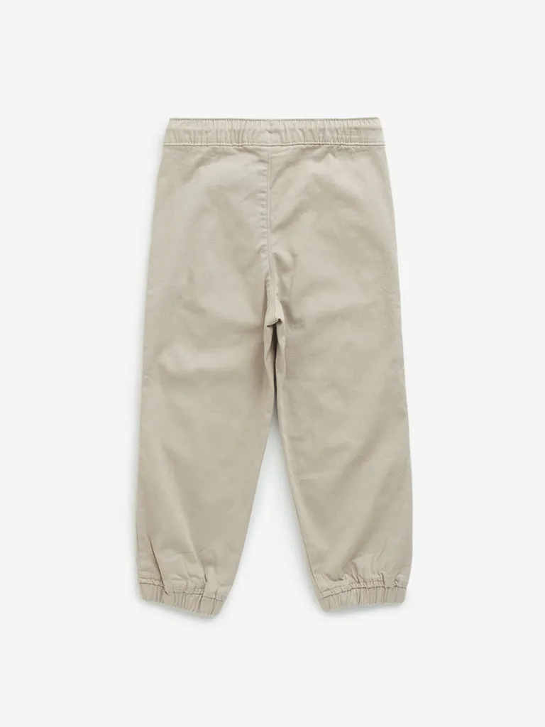 HOP Kids Beige Solid Mid-Rise Cotton Blend Joggers