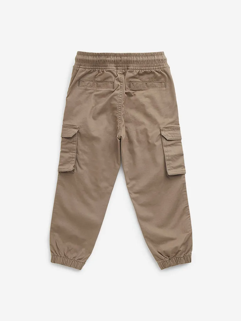 HOP Kids Light Brown Cargo-Style Mid-Rise Cotton Blend Joggers