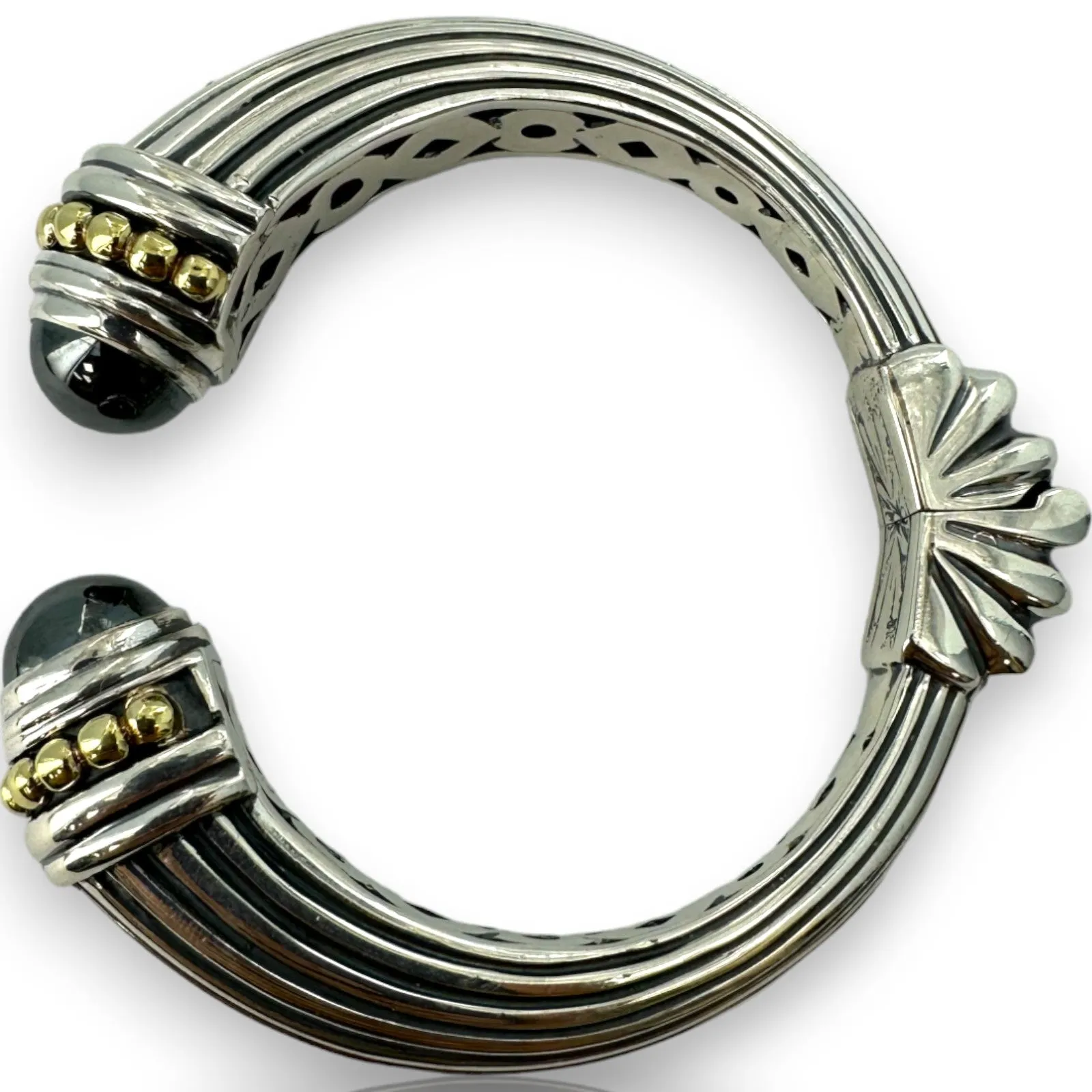 Lagos Caviar Solid 925 Sterling Silver and 18kt Gold Discontinued Hinged Cuff Bracelet with 12mm Hematite End Caps