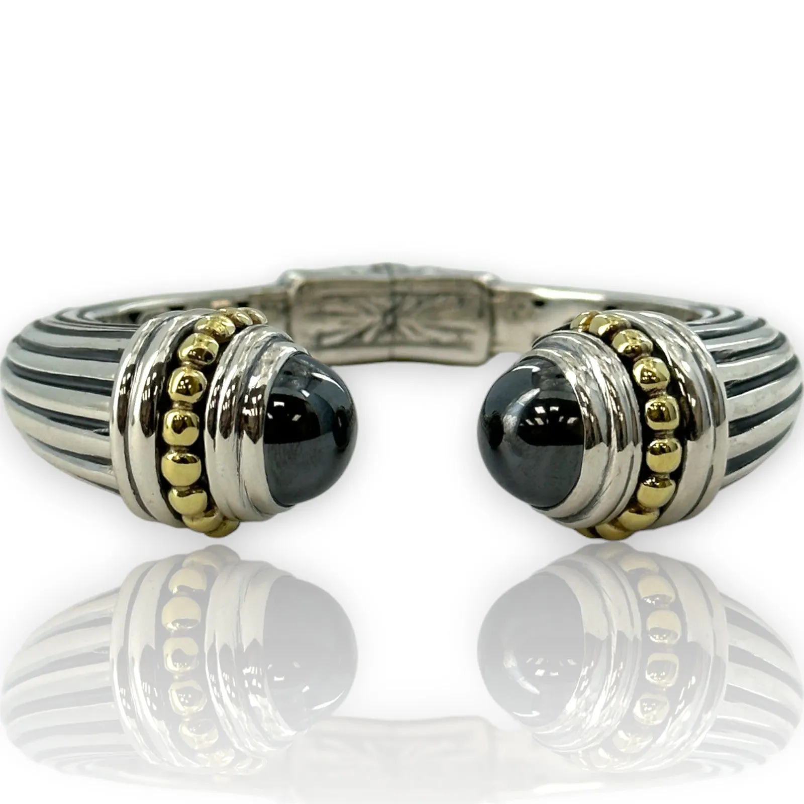 Lagos Caviar Solid 925 Sterling Silver and 18kt Gold Discontinued Hinged Cuff Bracelet with 12mm Hematite End Caps