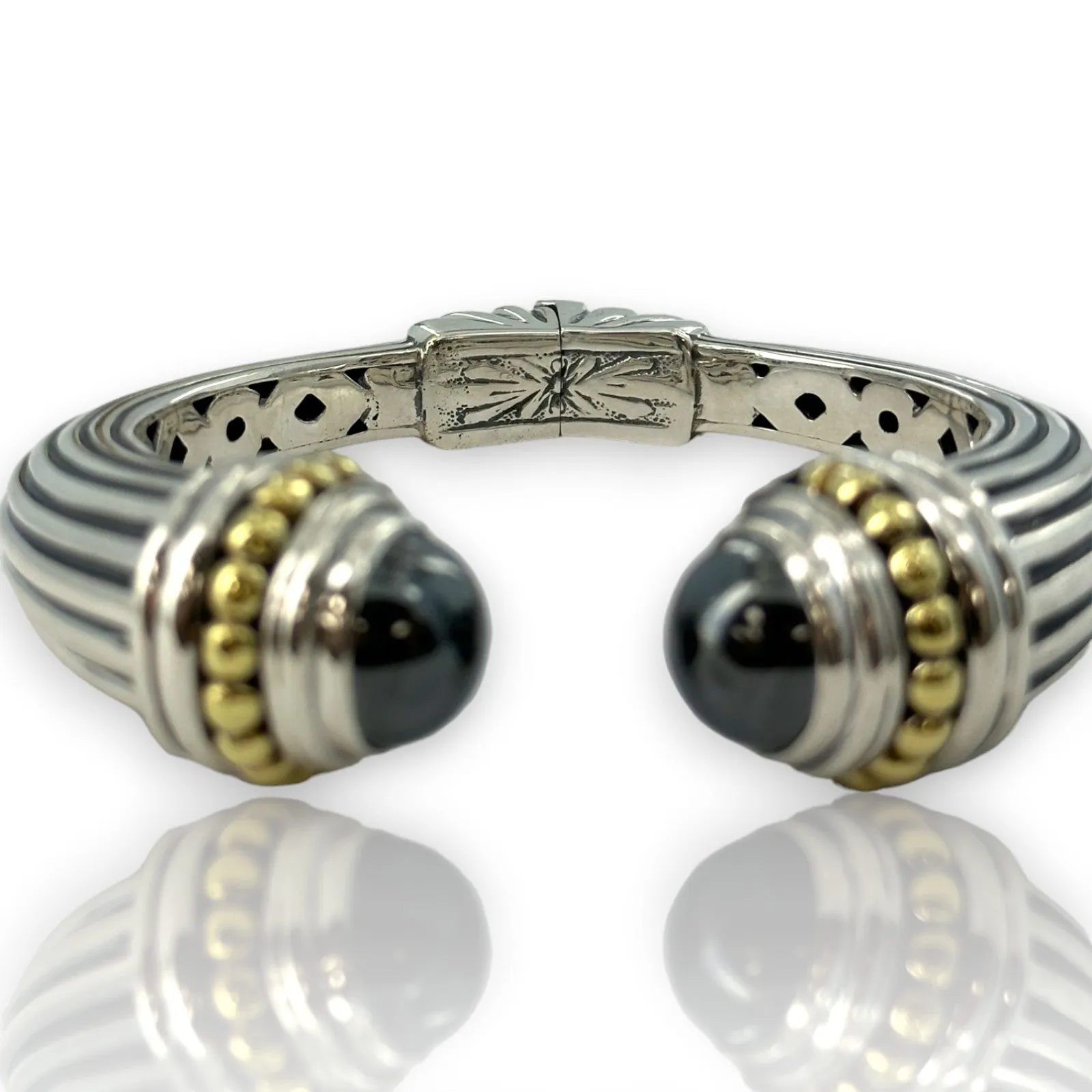 Lagos Caviar Solid 925 Sterling Silver and 18kt Gold Discontinued Hinged Cuff Bracelet with 12mm Hematite End Caps