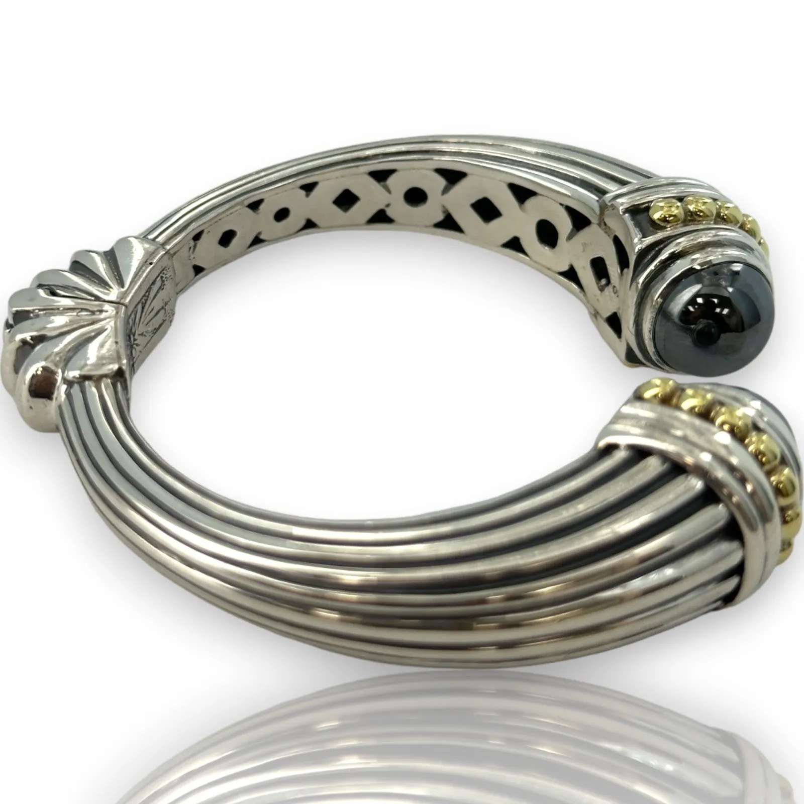 Lagos Caviar Solid 925 Sterling Silver and 18kt Gold Discontinued Hinged Cuff Bracelet with 12mm Hematite End Caps