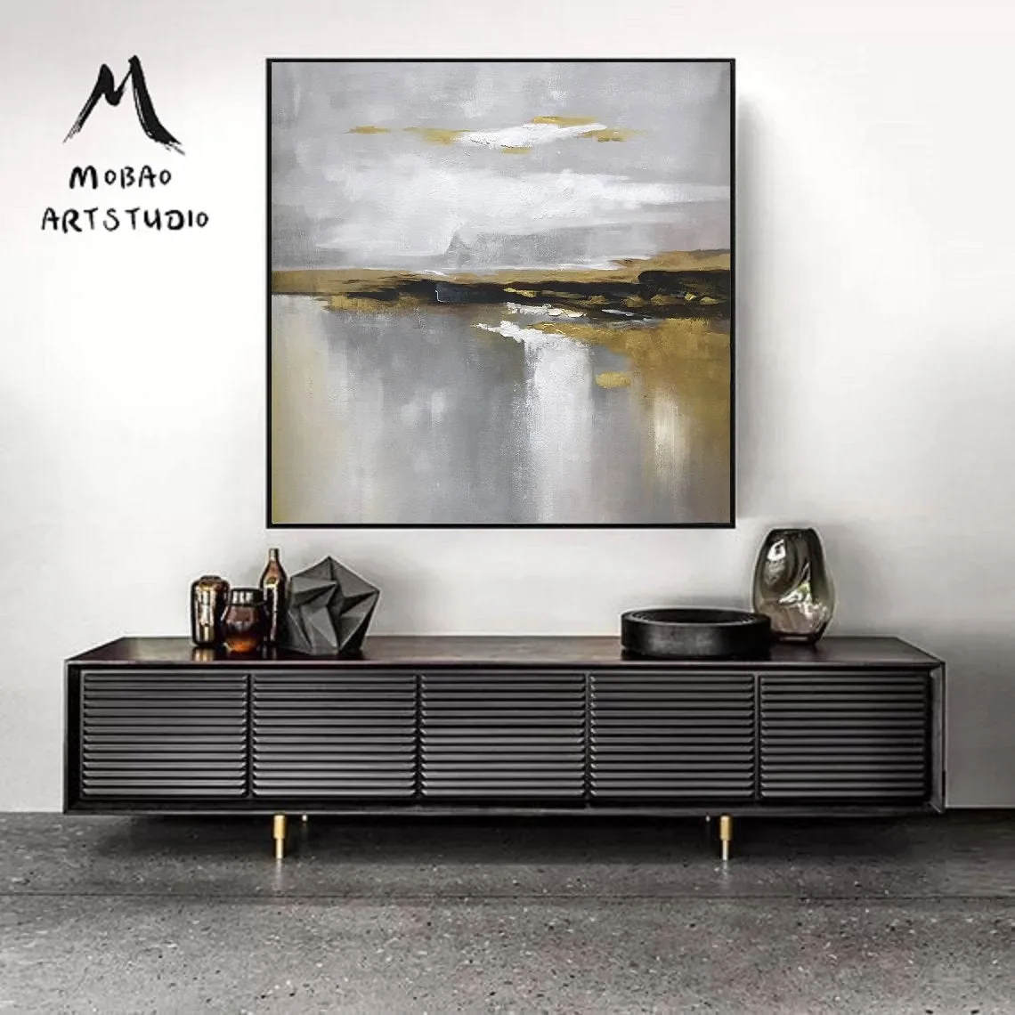 Large Gold Gray White Painting, Abstract Canvas Wall Art Office Decor Gp012