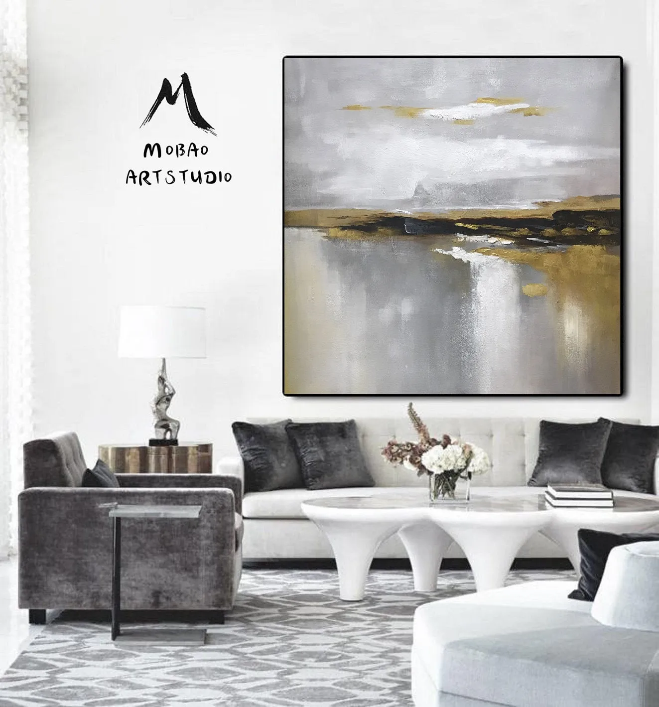 Large Gold Gray White Painting, Abstract Canvas Wall Art Office Decor Gp012