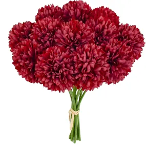 Mandy's 12pcs Burgundy Fake Flowers Artificial Chrysanthemum Ball Silk Flowers Fall Flowers 12 for Mother's Day Easter Home Kitchen Wedding Decorations