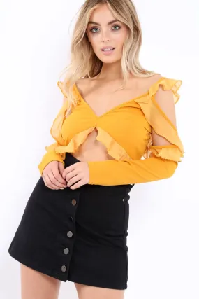 Mustard Long Sleeved Cold Shoulder Crop Top - Felicie