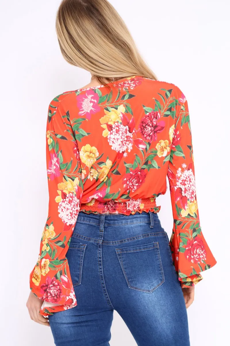 Orange and Pink Floral Plunge Gypsy Crop Top - Tiegan