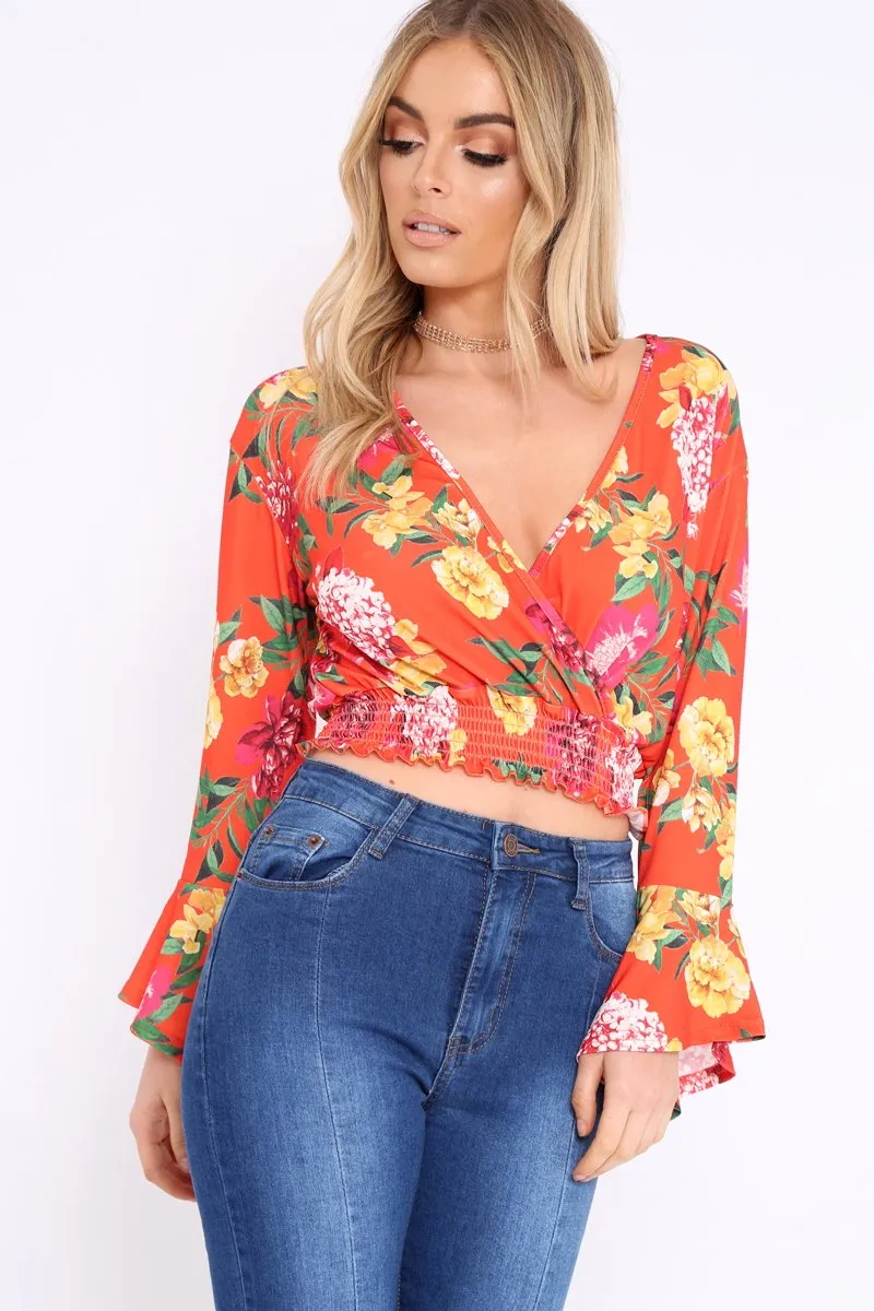 Orange and Pink Floral Plunge Gypsy Crop Top - Tiegan