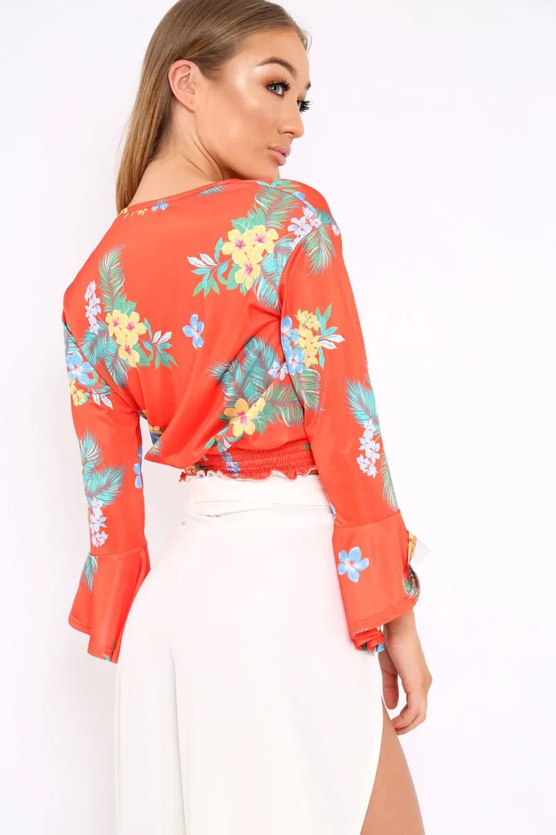 Orange Floral Plunge Gypsy Crop Top - Tiegan