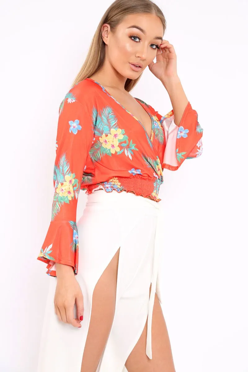 Orange Floral Plunge Gypsy Crop Top - Tiegan