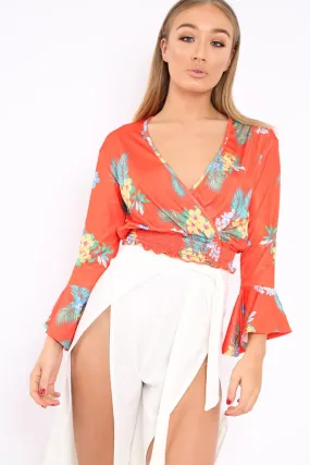 Orange Floral Plunge Gypsy Crop Top - Tiegan